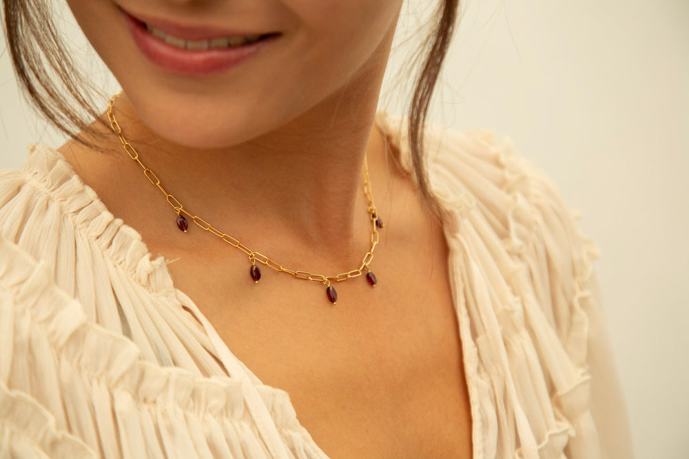 Garnet Drops Paperclip Necklace