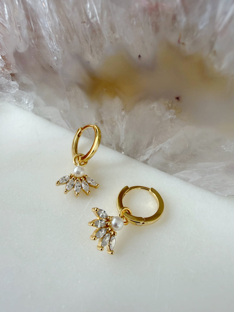 Gold Huggie Earrings with Pearl and Sparkling Flower Drop