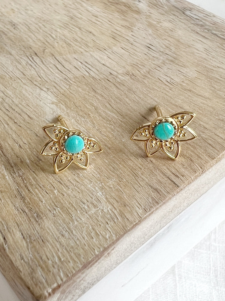 Star Flower Turquoise Studs - gold vermeil