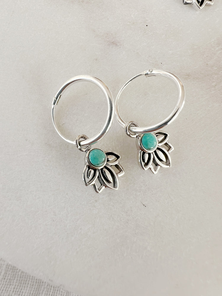 Lotus Flower Turquoise Huggies - Sterling Silver