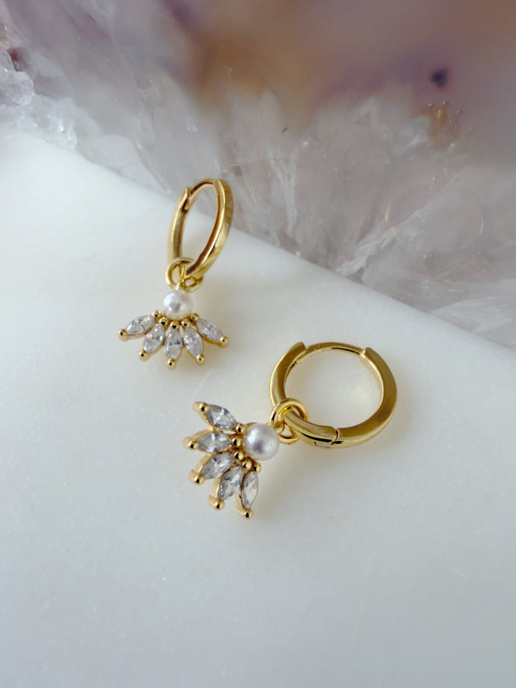 Gold Huggie Earrings with Pearl and Sparkling Flower Drop