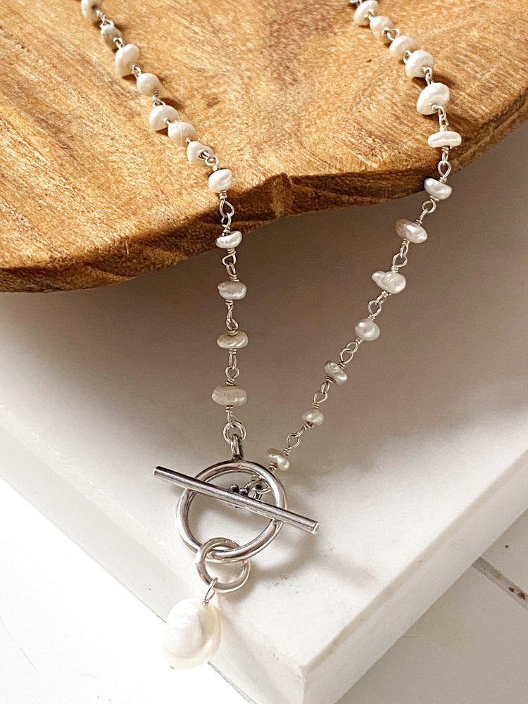 Pearl T-Bar Rosary Necklace - Sterling Silver